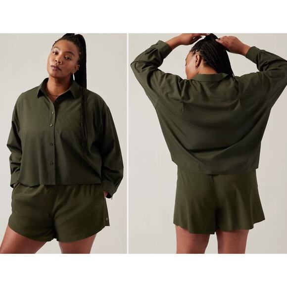 Athleta Cropped Tech Stretch Top Aspen Olive‎ Plus Sz. 3X NWT $119 Button Down - Picture 1 of 3